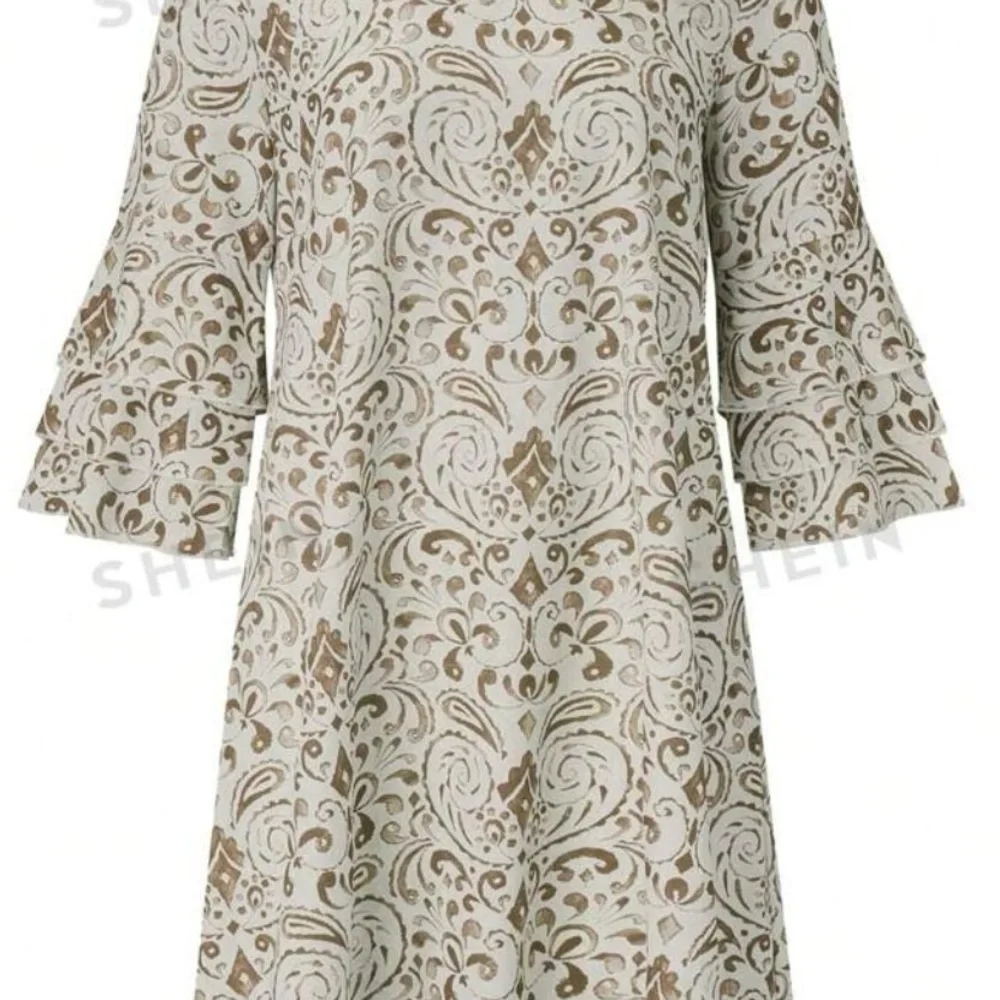 NWOT Shein Boho Khaki V-neck Flare Sleeve Dress, Large - Picture 2 of 8